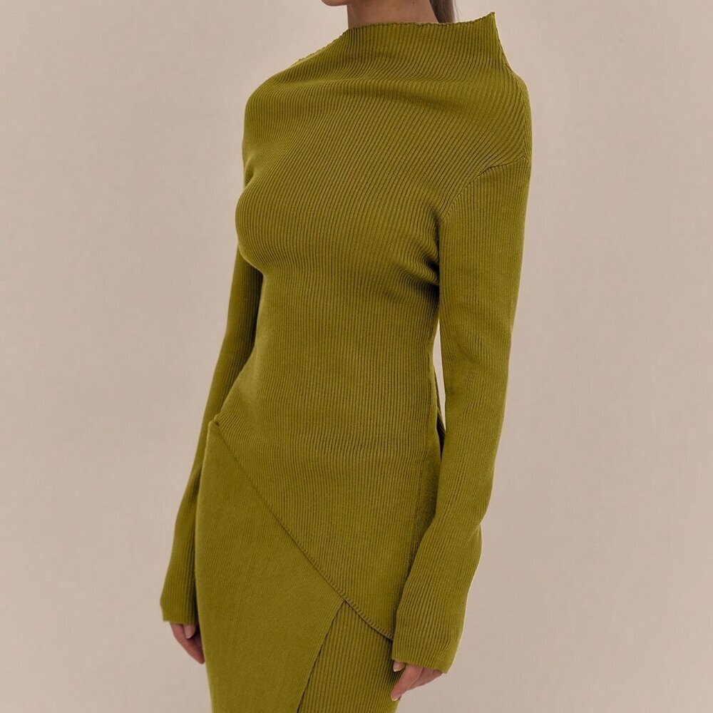 Olive Green Casual Asymmetrical Women's Ribbed Knit Sweater - Picture 5 of 5